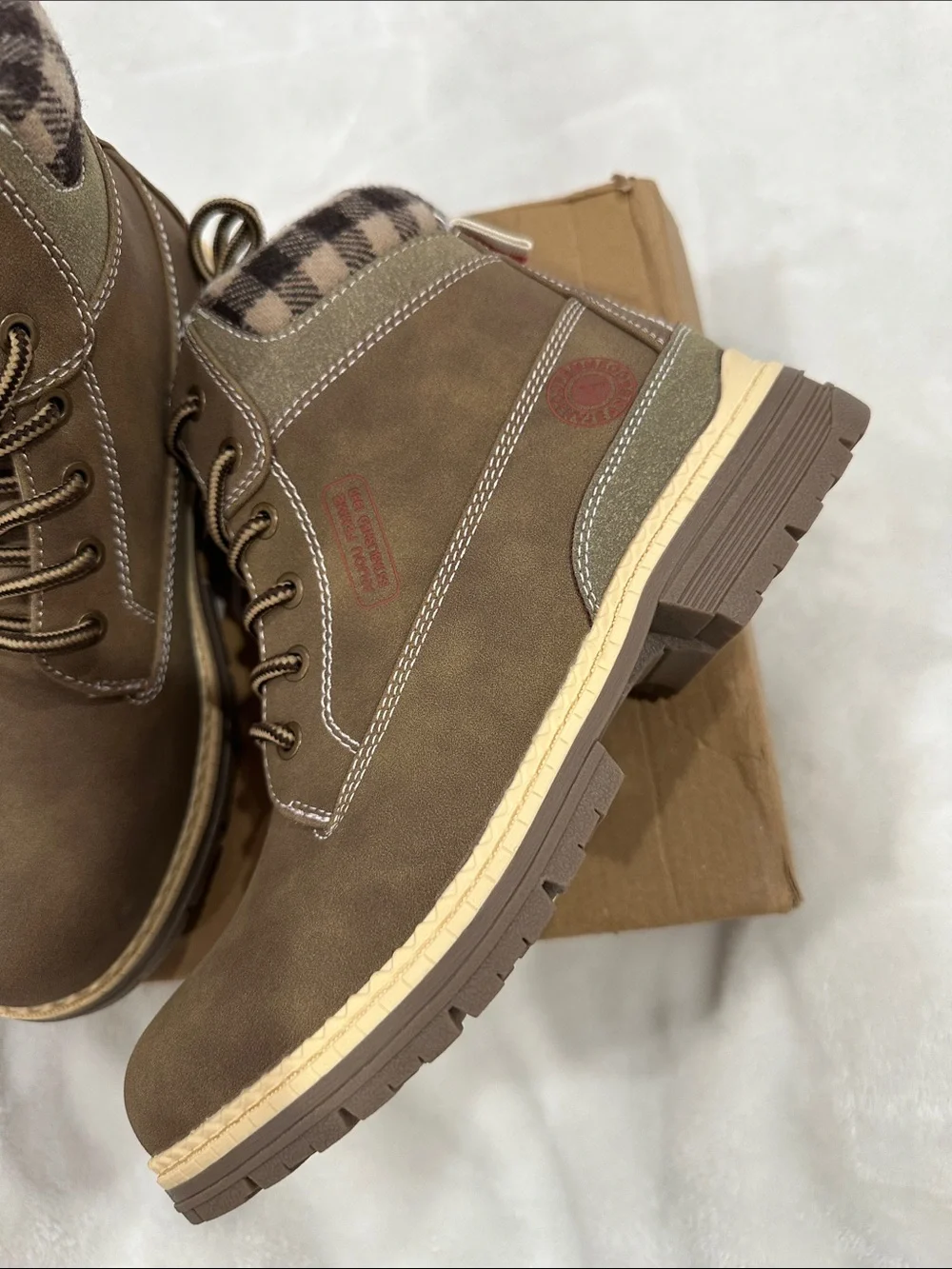 F&F Brown Lace-Up Work or hiking Boot with Plaid Collar
